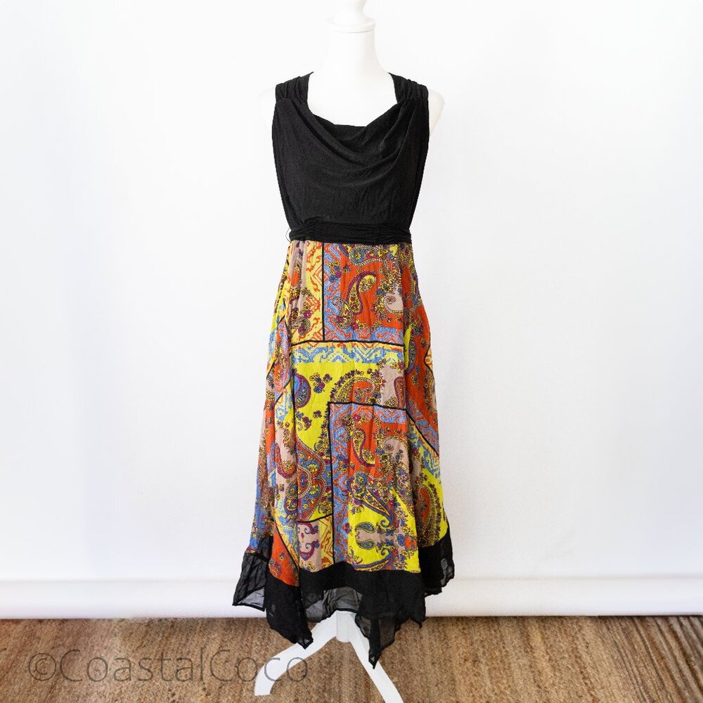 Marc Bouwer XL Paisley Sharkbite Dress Patchwork Cowl Neck Boho Artsy Festival